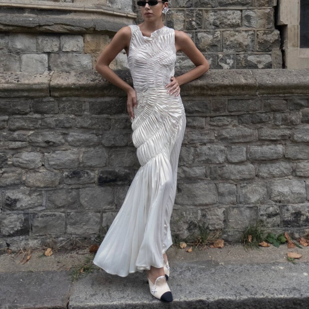 GEORGIA HARDINGE Fossil Shirred Metallic Chiffon Maxi Dress (Size UK 10 / US M)